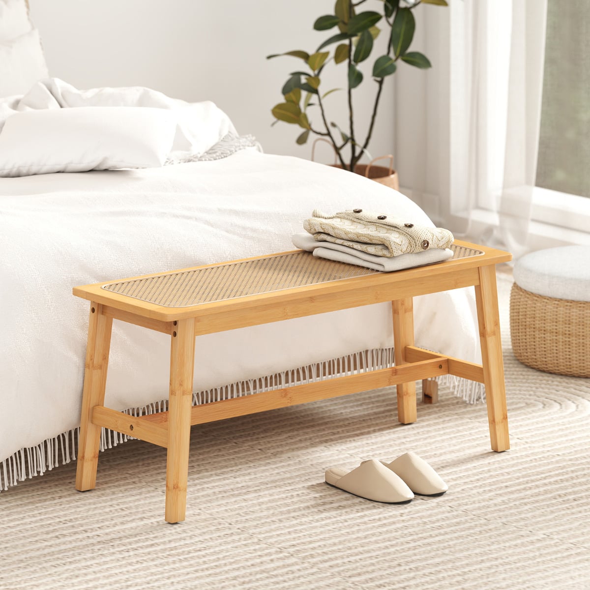 Bamboo Entryway Dining Bench with Handwoven Rattan Seat-Natural