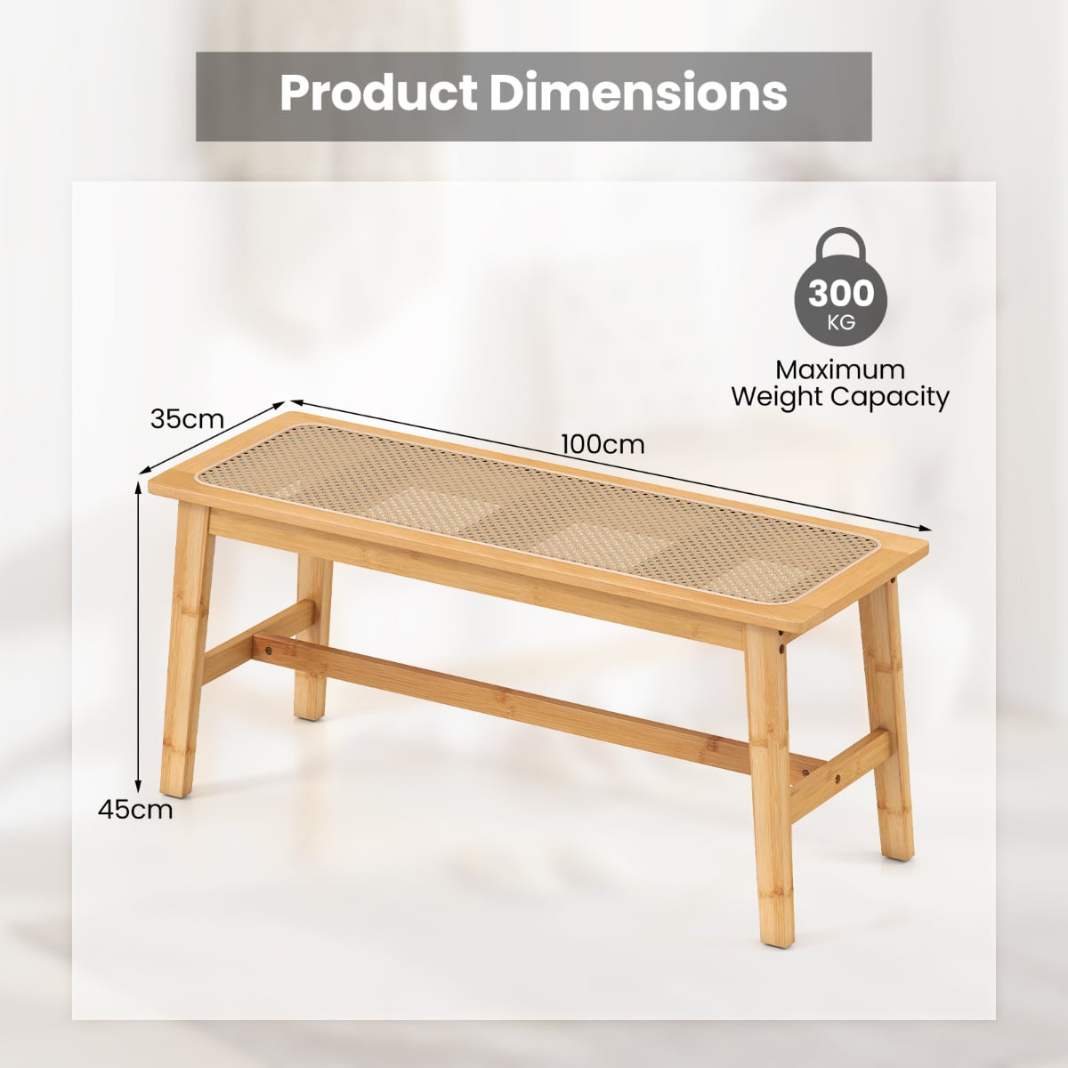 Bamboo Entryway Dining Bench with Handwoven Rattan Seat-Natural