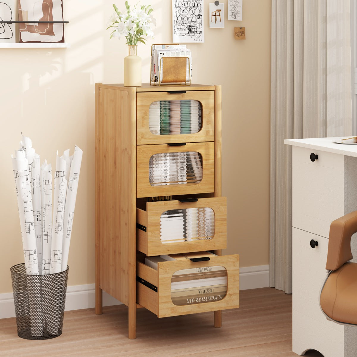 3/4-Drawer Bamboo Storage Cabinet with Fluted Tempered Glass Drawers-Natural-4-Tier