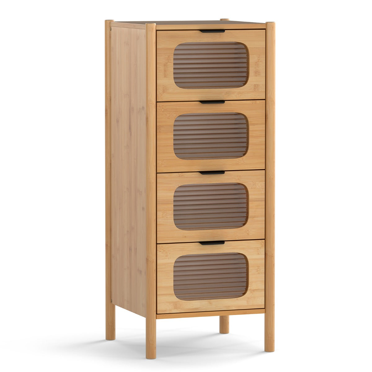 3/4-Drawer Bamboo Storage Cabinet with Fluted Tempered Glass Drawers-Natural-4-Tier