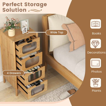 3/4-Drawer Bamboo Storage Cabinet with Fluted Tempered Glass Drawers-Natural-4-Tier