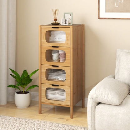 3/4-Drawer Bamboo Storage Cabinet with Fluted Tempered Glass Drawers-Natural-4-Tier