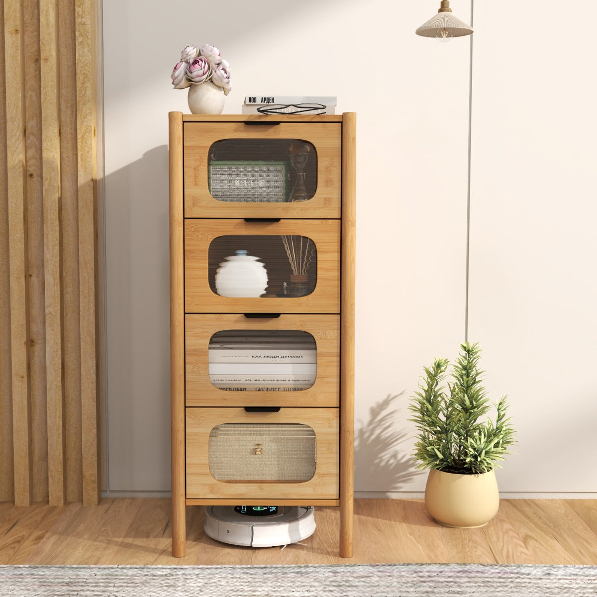 3/4-Drawer Bamboo Storage Cabinet with Fluted Tempered Glass Drawers-Natural-4-Tier