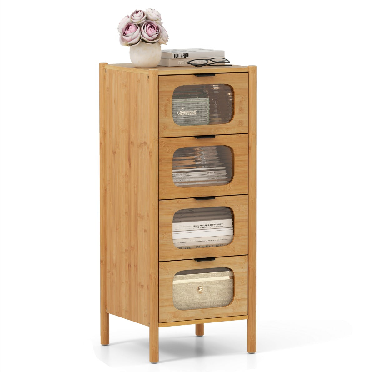 3/4-Drawer Bamboo Storage Cabinet with Fluted Tempered Glass Drawers-Natural-4-Tier