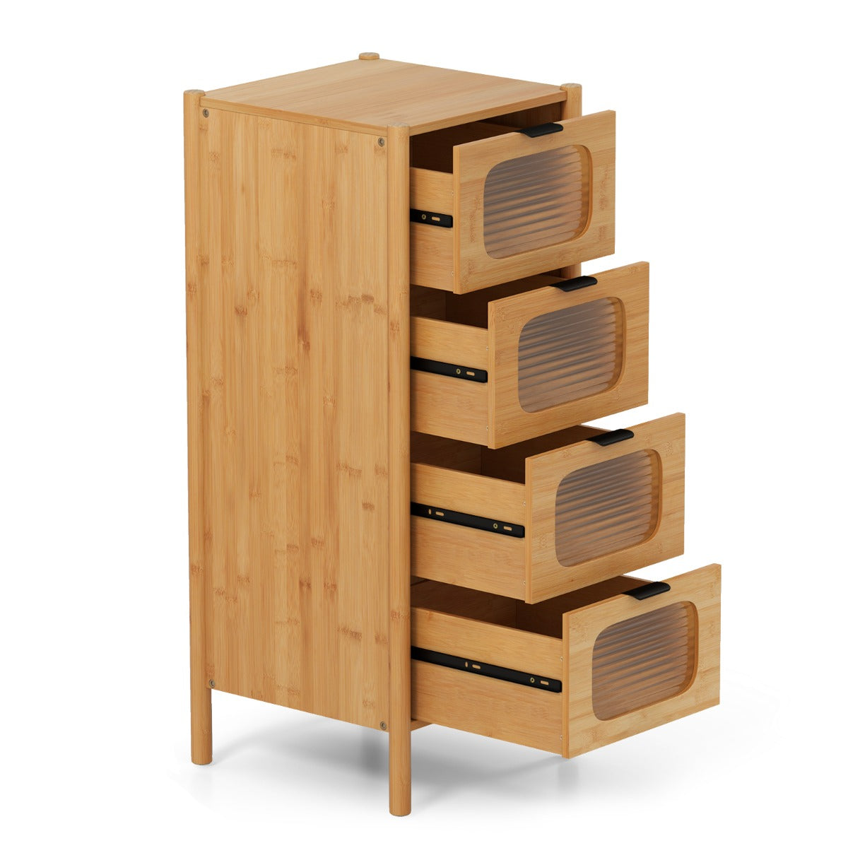 3/4-Drawer Bamboo Storage Cabinet with Fluted Tempered Glass Drawers-Natural-4-Tier
