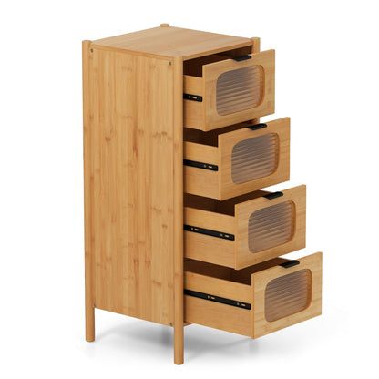 3/4-Drawer Bamboo Storage Cabinet with Fluted Tempered Glass Drawers-Natural-4-Tier