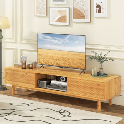 Bamboo TV Stand for 65” 70” TVs with Sliding Doors and 3 Storage Compartments-Natural