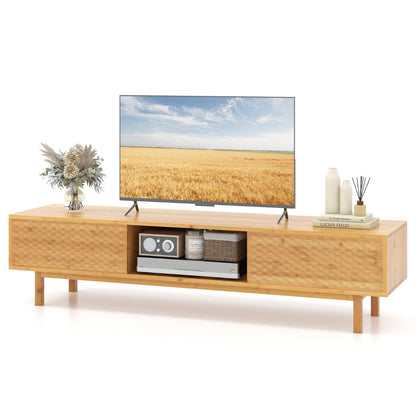 Bamboo TV Stand for 65” 70” TVs with Sliding Doors and 3 Storage Compartments-Natural
