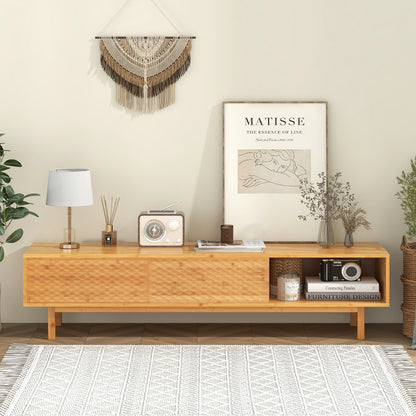 Bamboo TV Stand for 65” 70” TVs with Sliding Doors and 3 Storage Compartments-Natural