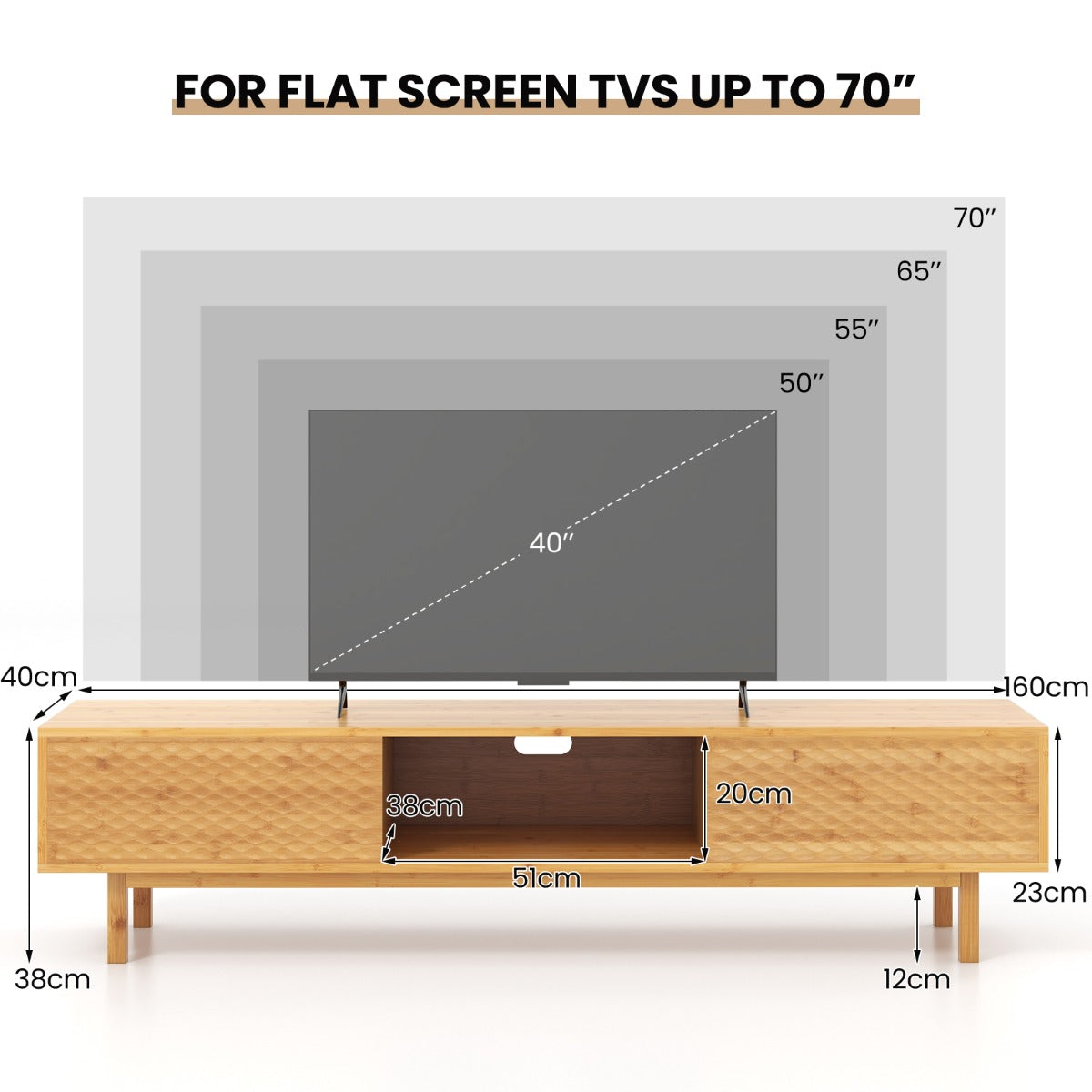 Bamboo TV Stand for 65” 70” TVs with Sliding Doors and 3 Storage Compartments-Natural