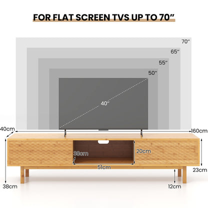 Bamboo TV Stand for 65” 70” TVs with Sliding Doors and 3 Storage Compartments-Natural