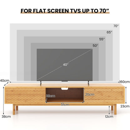 Bamboo TV Stand for 65” 70” TVs with Sliding Doors and 3 Storage Compartments-Natural