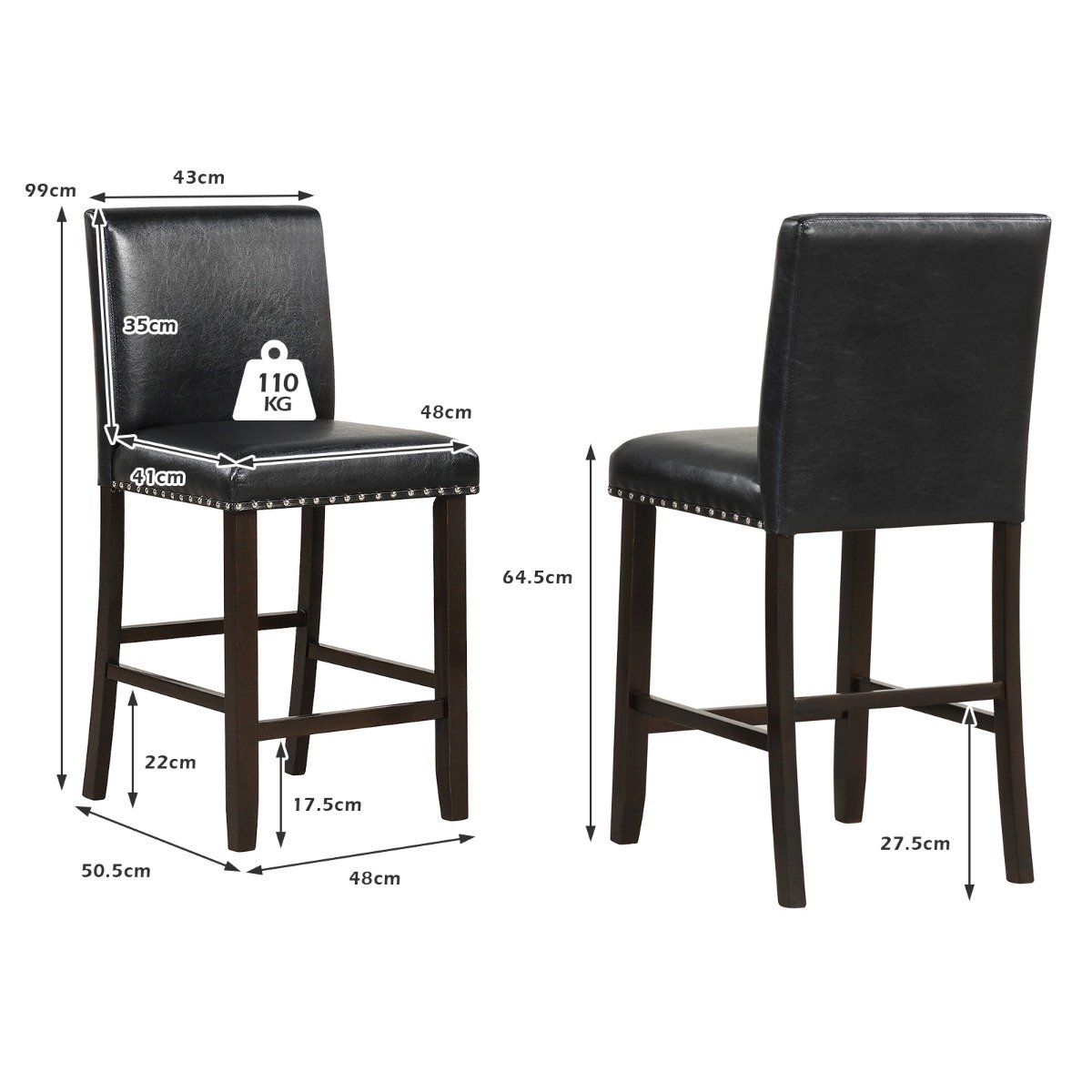 Upholstered Bar Stool Set of 2 for Dining Room, Kitchen, Restaurant-Black