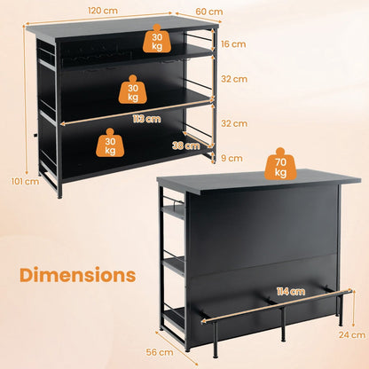Industrial Home Bar Unit with 3 Open Shelves-Black