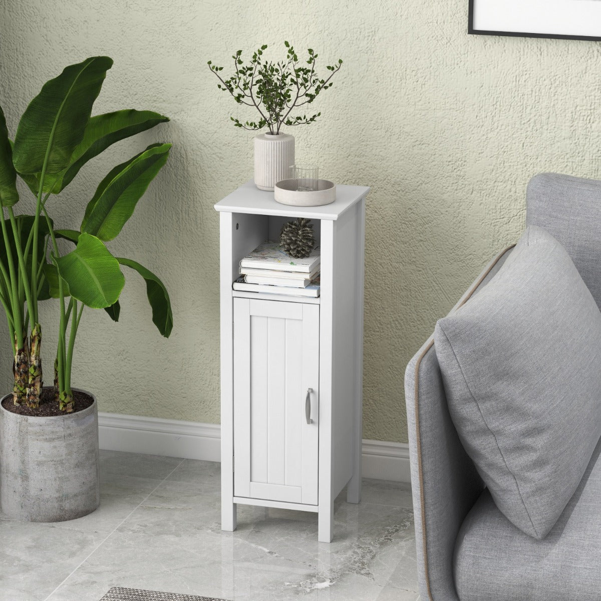 Freestanding Narrow Bathroom Storage Organizer Rack Stand with Door and Adjustable Shelf-White