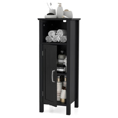 Freestanding Narrow Bathroom Storage Organizer Rack Stand with Door and Adjustable Shelf-Black