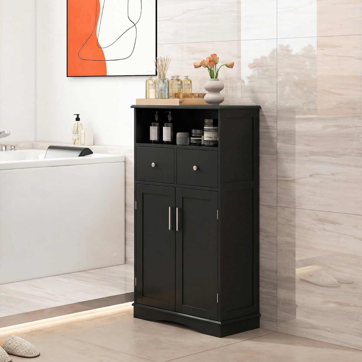 Bathroom Floor Cabinet with 2 Doors and 2 Adjustable Shelves for Bathroom-Black