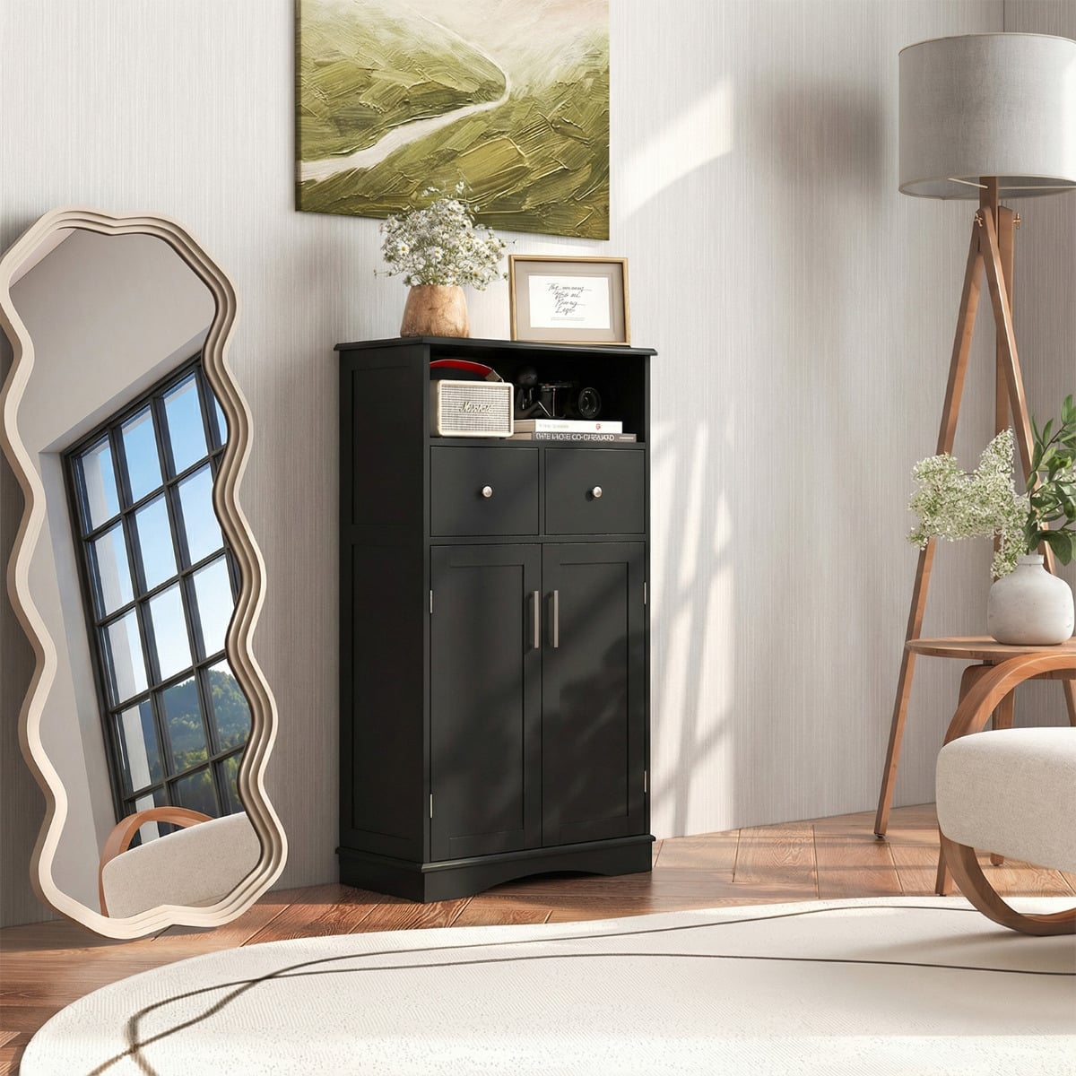 Bathroom Floor Cabinet with 2 Doors and 2 Adjustable Shelves for Bathroom-Black