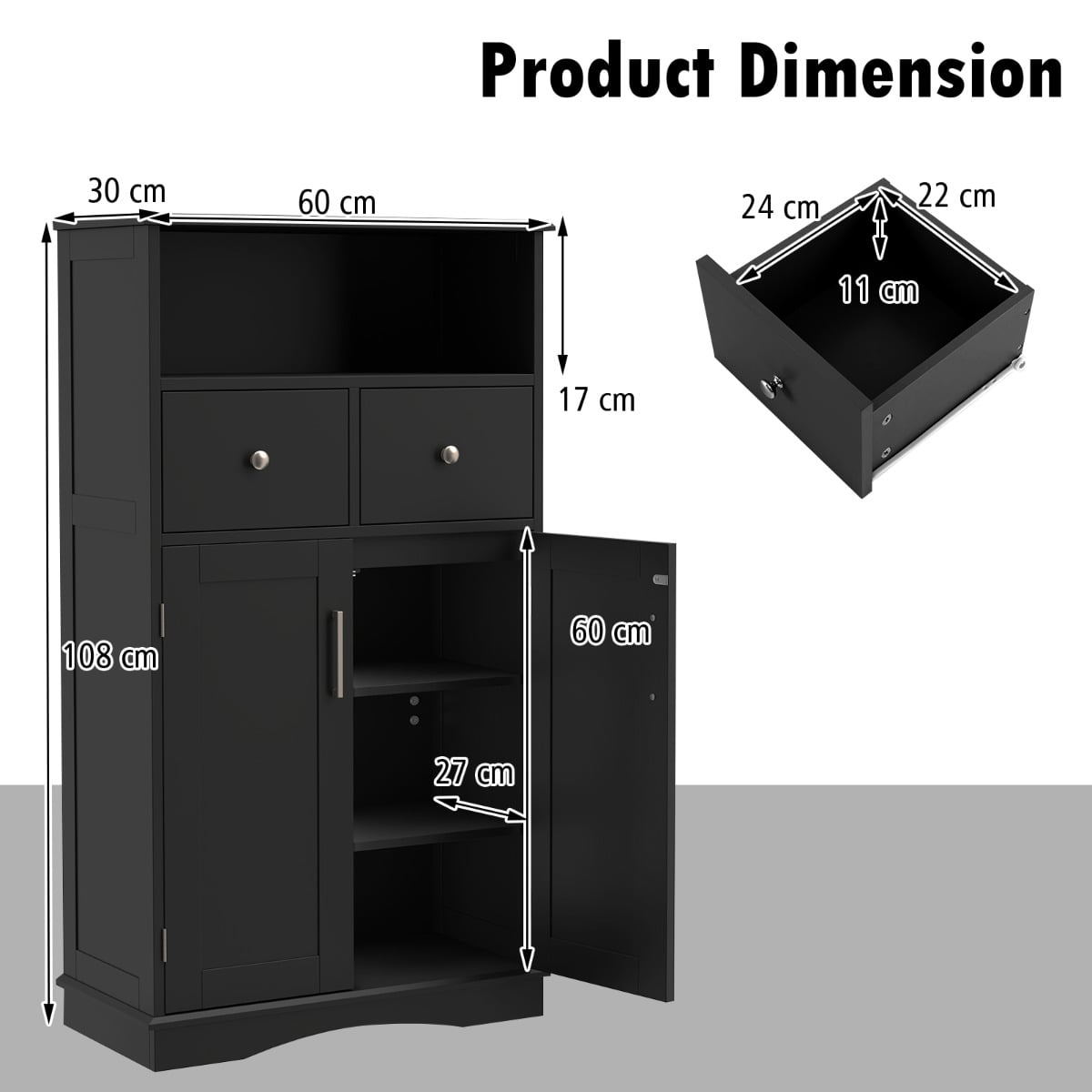 Bathroom Floor Cabinet with 2 Doors and 2 Adjustable Shelves for Bathroom-Black