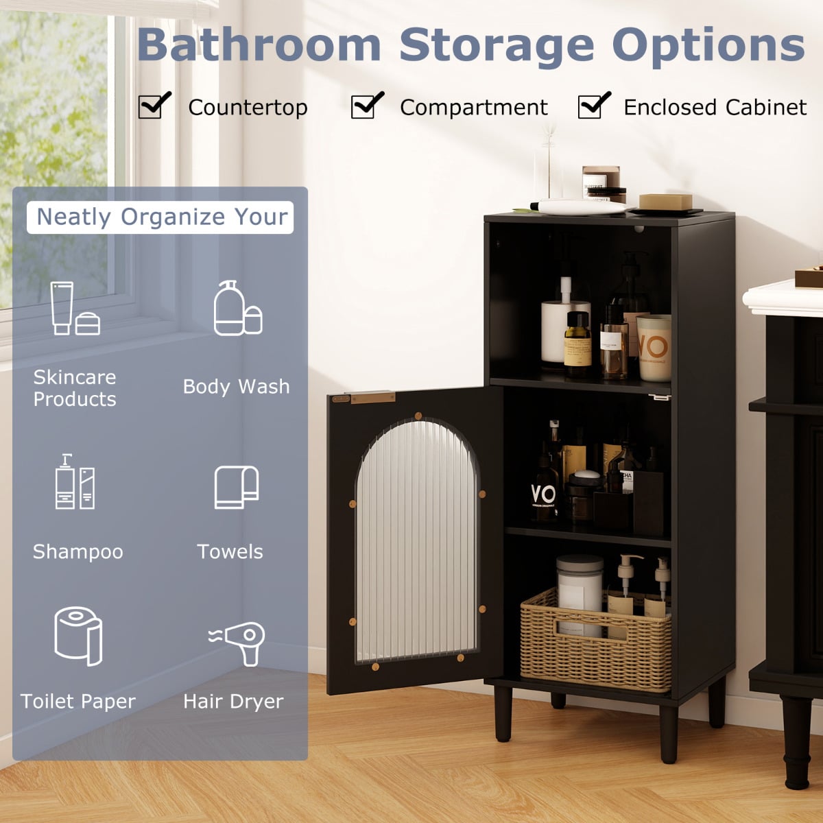 Bathroom Floor Cabinet with Adjustable Shelf for Hallway Living Room-Black