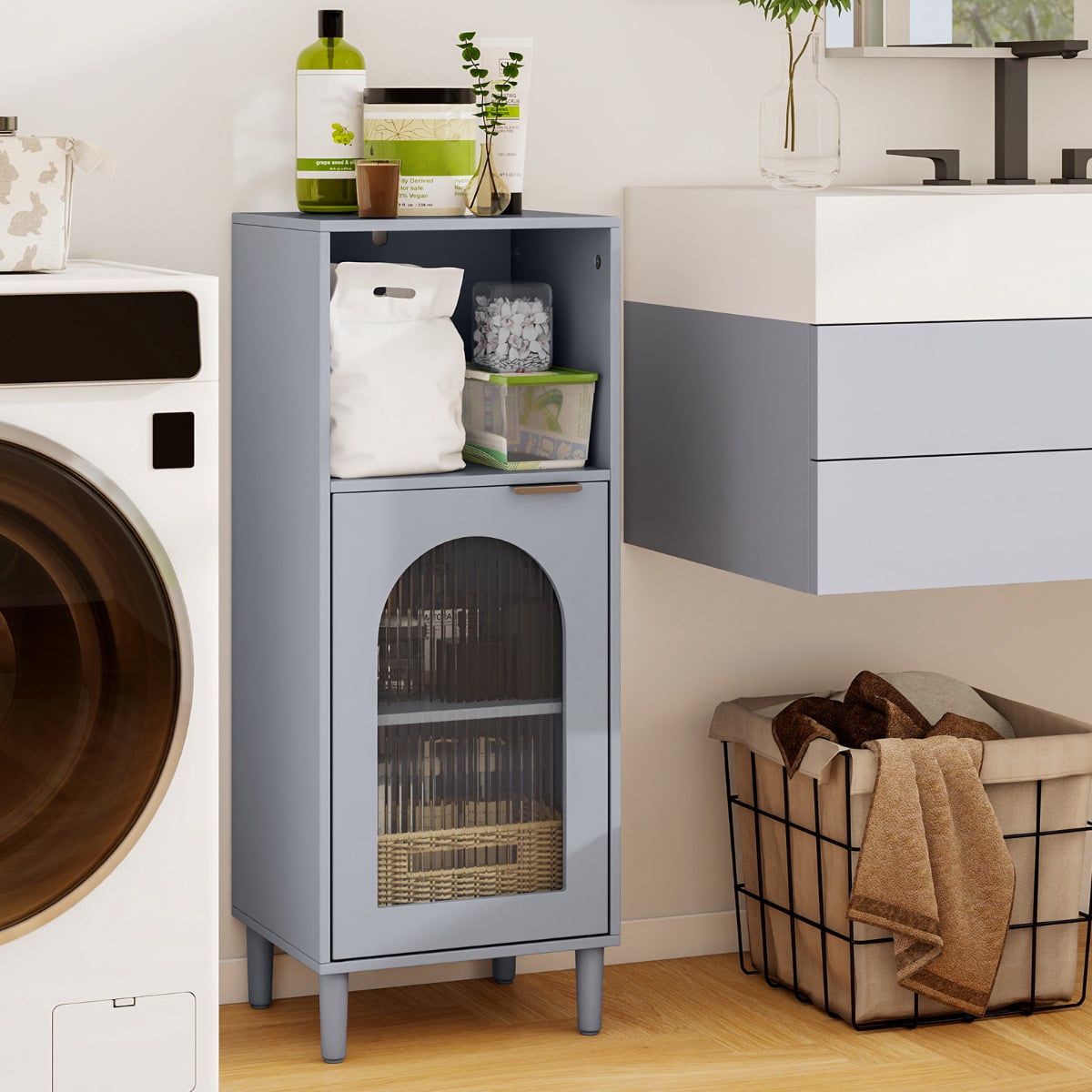 Bathroom Floor Cabinet with Adjustable Shelf for Hallway Living Room-Grey
