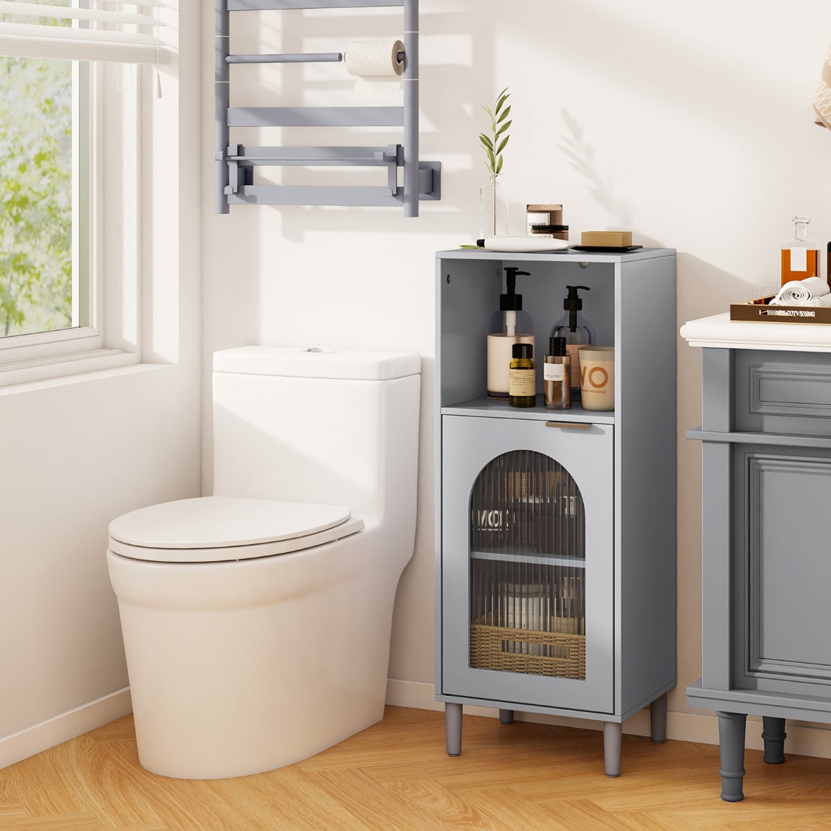 Bathroom Floor Cabinet with Adjustable Shelf for Hallway Living Room-Grey
