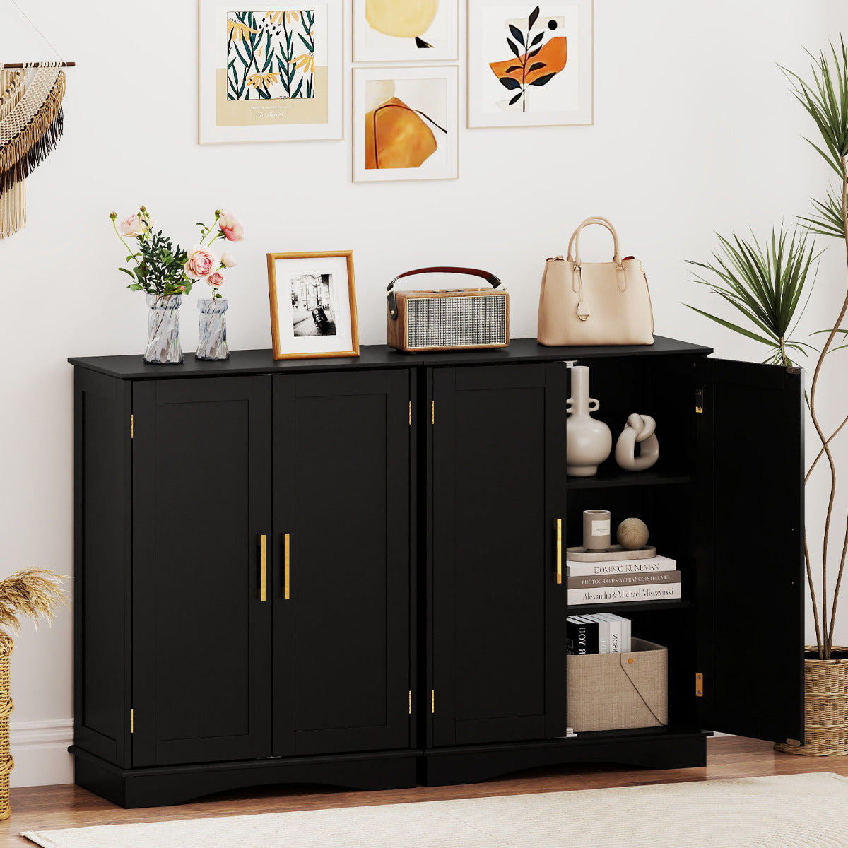Bathroom Floor Storage Cabinet with 2 Doors and Adjustable Shelves-Black