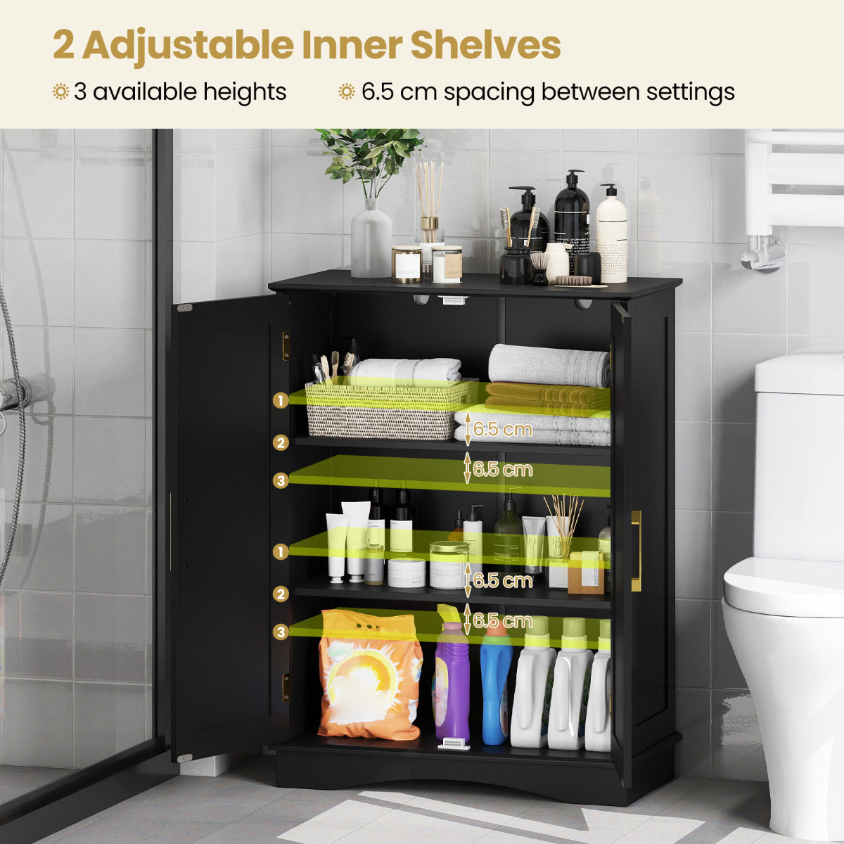 Bathroom Floor Storage Cabinet with 2 Doors and Adjustable Shelves-Black