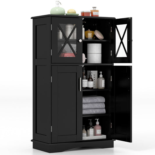 Bathroom Linen Storage Cabinet with Doors and Adjustable Shelves-Black