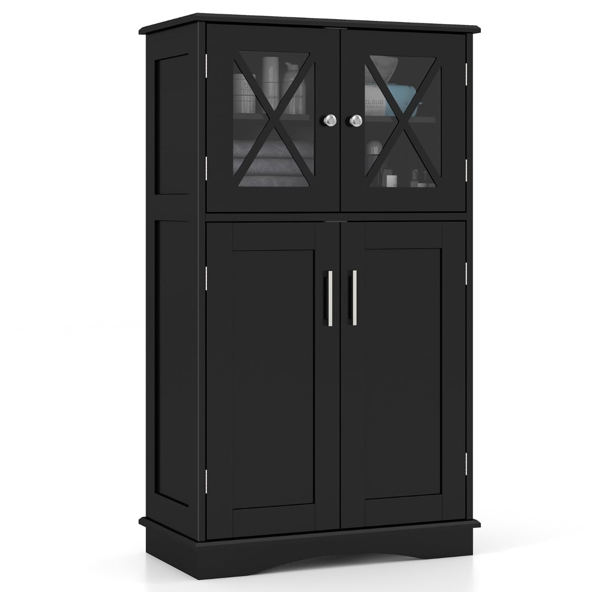 Bathroom Linen Storage Cabinet with Doors and Adjustable Shelves-Black