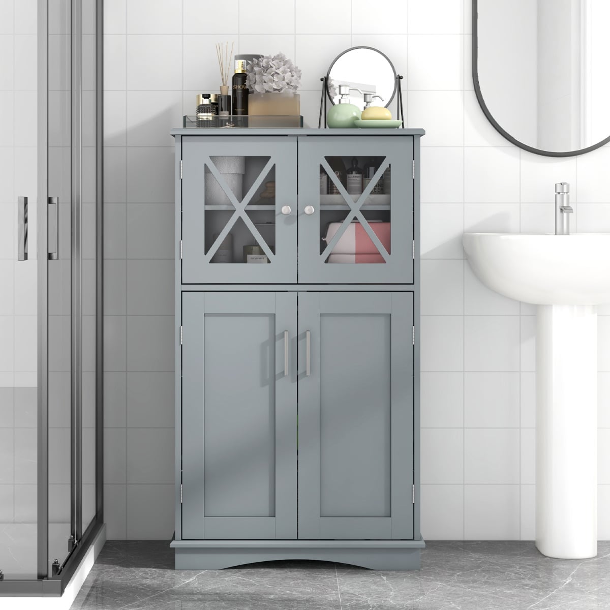 Bathroom Linen Storage Cabinet with Doors and Adjustable Shelves-Grey