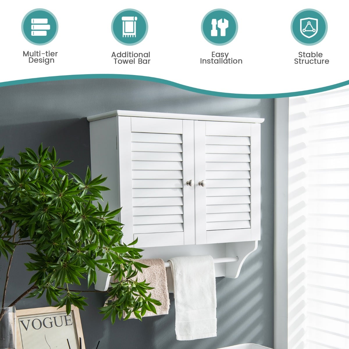 Wall Mounted Double Louvered Doors Storage Cabinet with Height Adjustable Shelf and Towels Bar-White