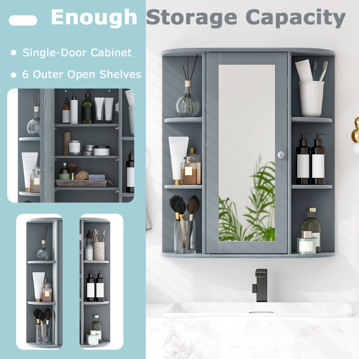 Bathroom Medicine Cabinet with Mirror with 3 Adjustable Shelves-Grey
