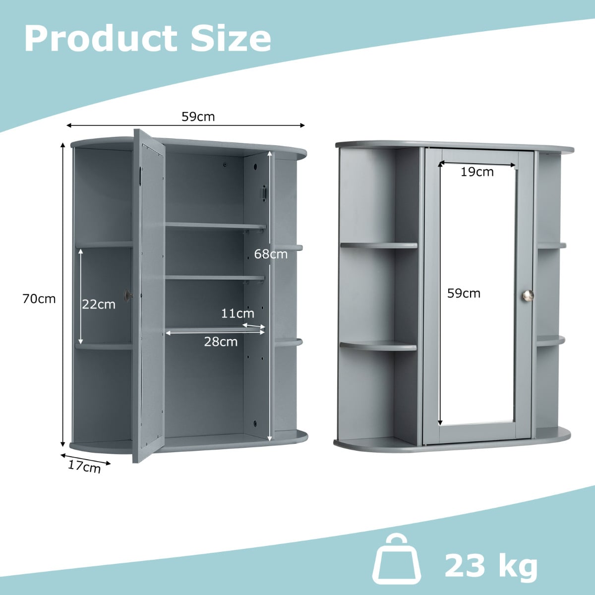 Bathroom Medicine Cabinet with Mirror with 3 Adjustable Shelves-Grey