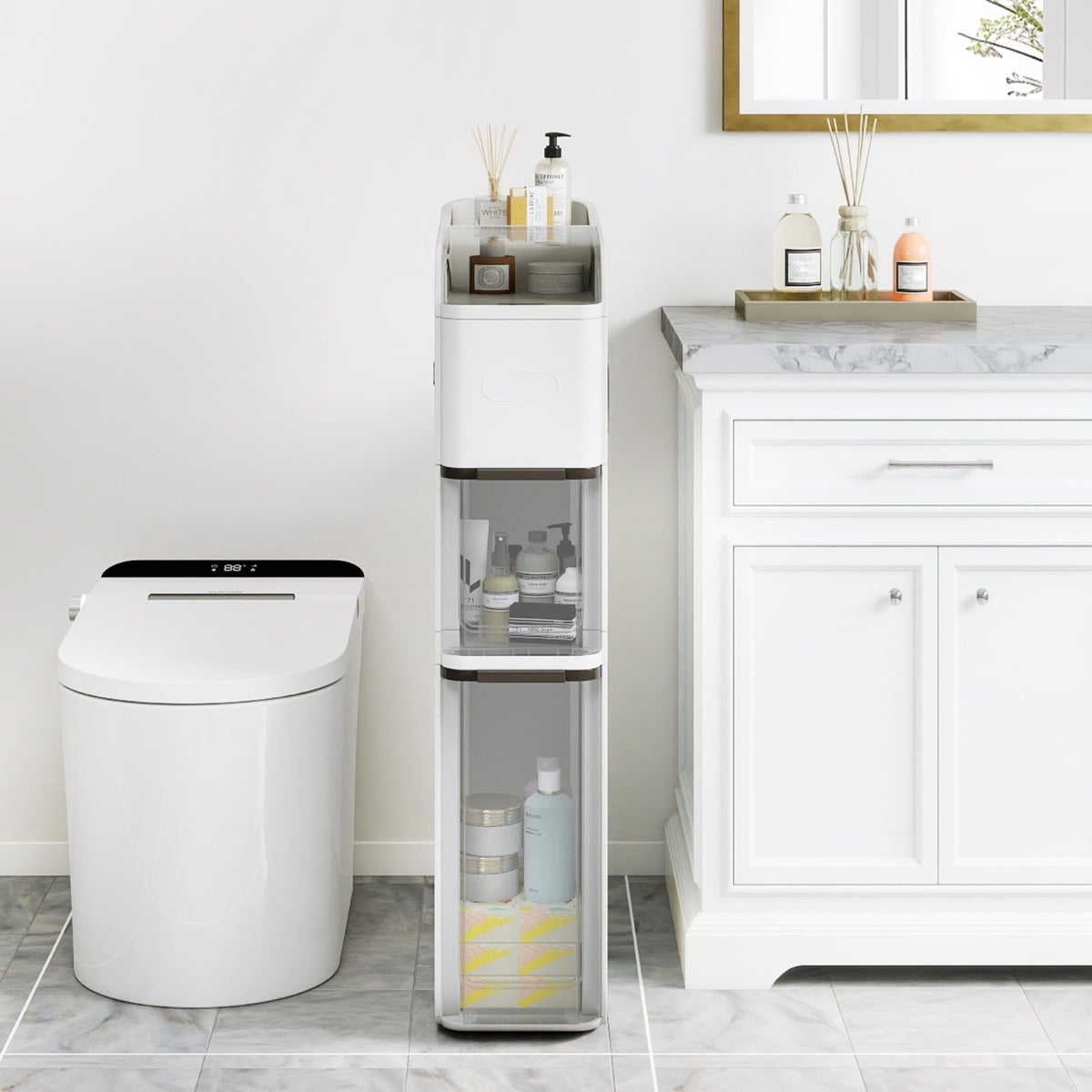 4-Tier Bathroom Storage Cabinet with 2 Drawers and Tissue Box-White