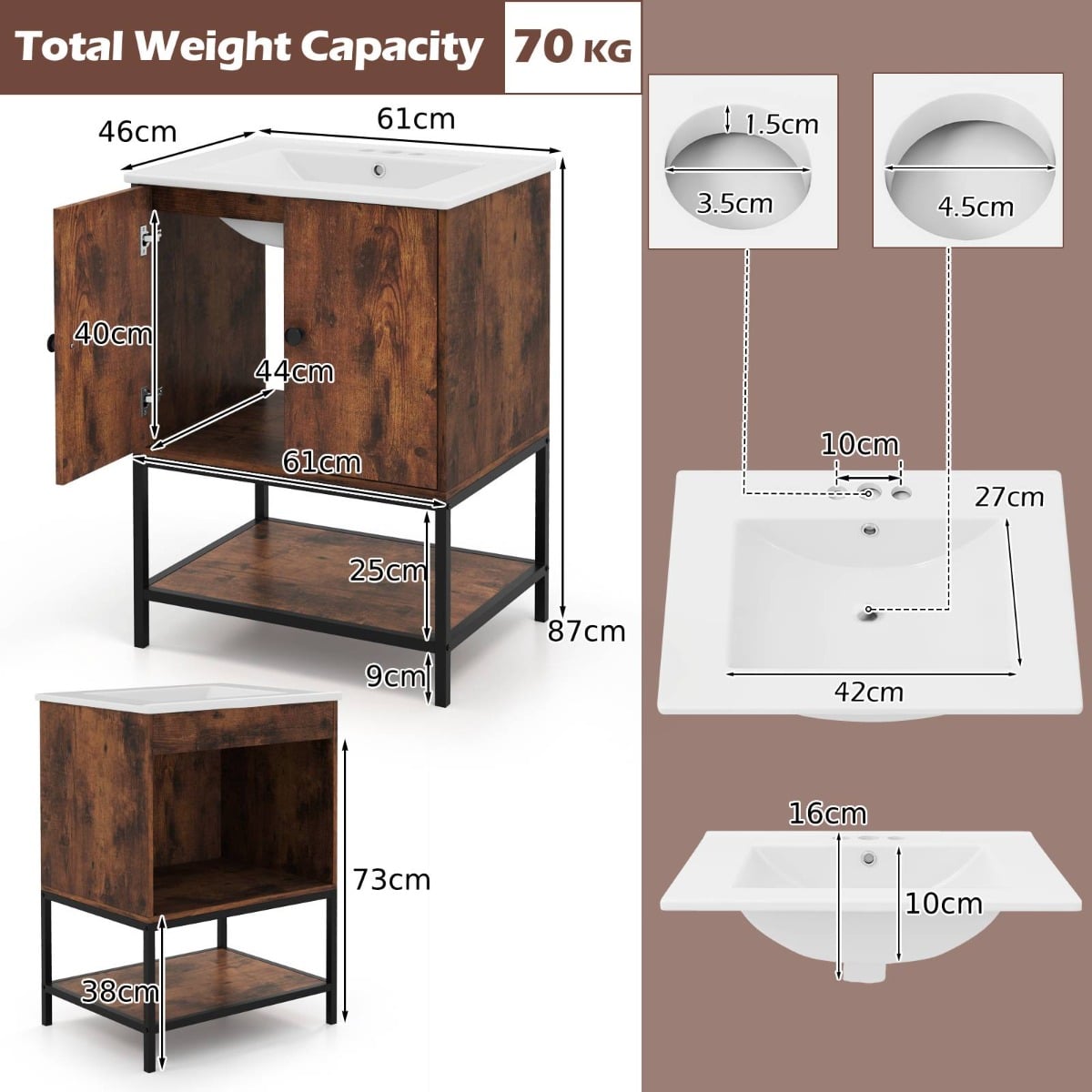 Bathroom Vanity Unit with Basin and Ceramic Sink-Brown