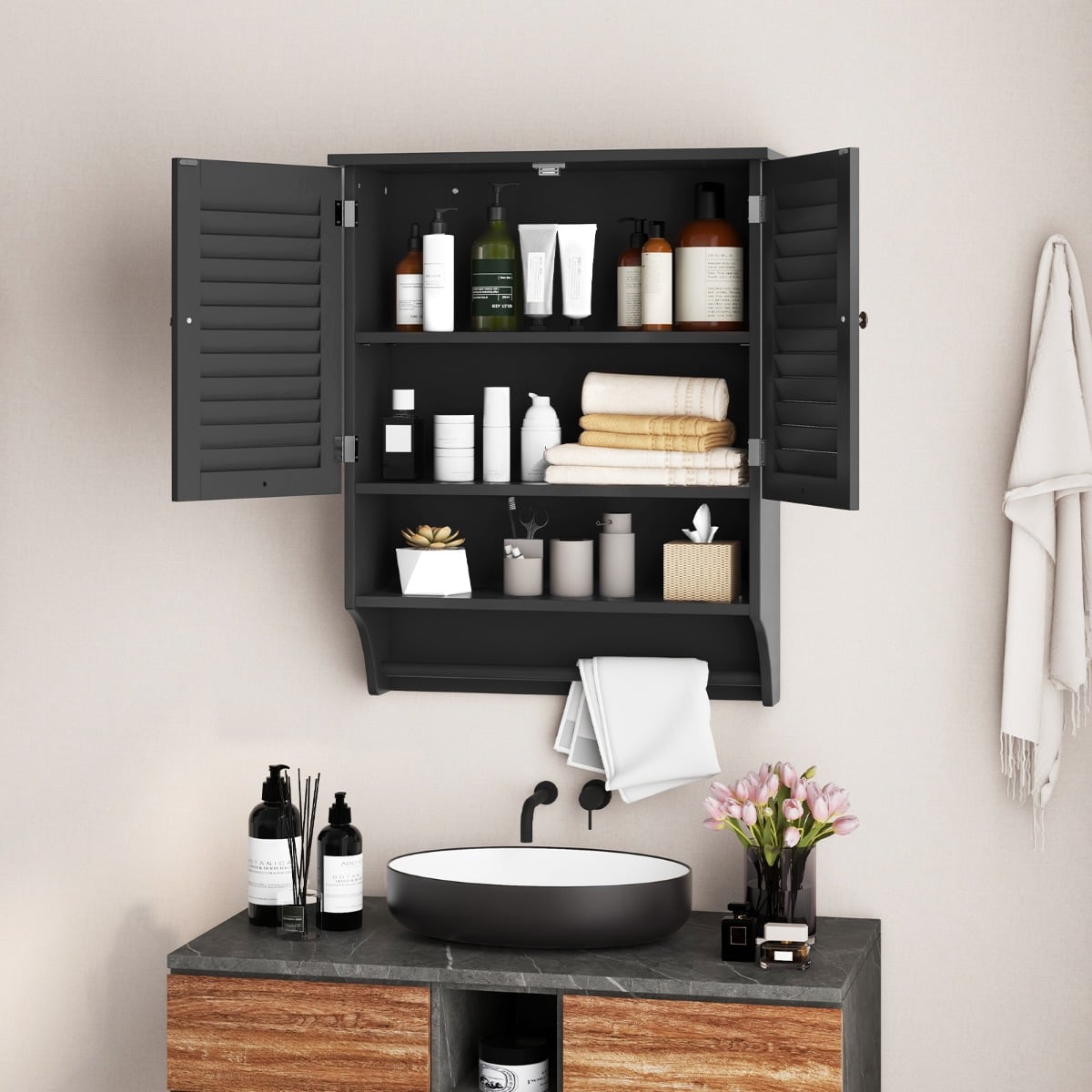 Bathroom Wall Cabinet with 2 Doors and 3-Position Adjustable Shelf-Black