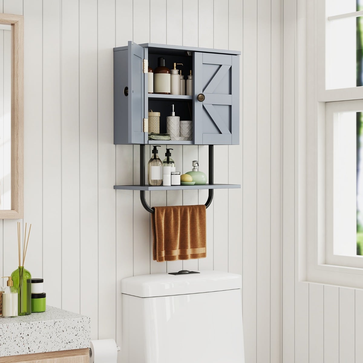 Bathroom Wall Cabinet with Double Door and Open Shelf and Towel Rack-Grey