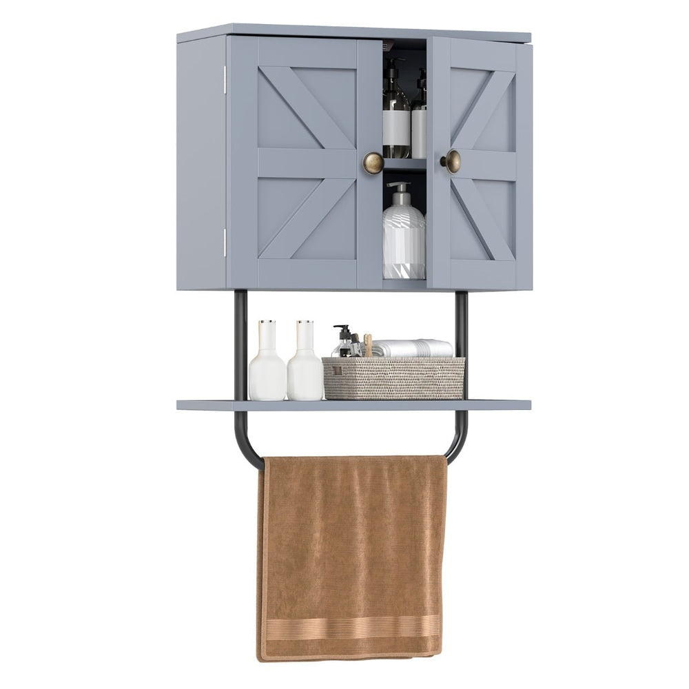 Bathroom Wall Cabinet with Double Door and Open Shelf and Towel Rack-Grey