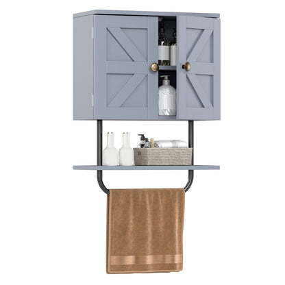 Bathroom Wall Cabinet with Double Door and Open Shelf and Towel Rack-Grey