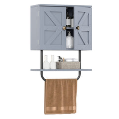 Bathroom Wall Cabinet with Double Door and Open Shelf and Towel Rack-Grey