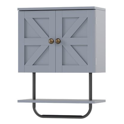 Bathroom Wall Cabinet with Double Door and Open Shelf and Towel Rack-Grey