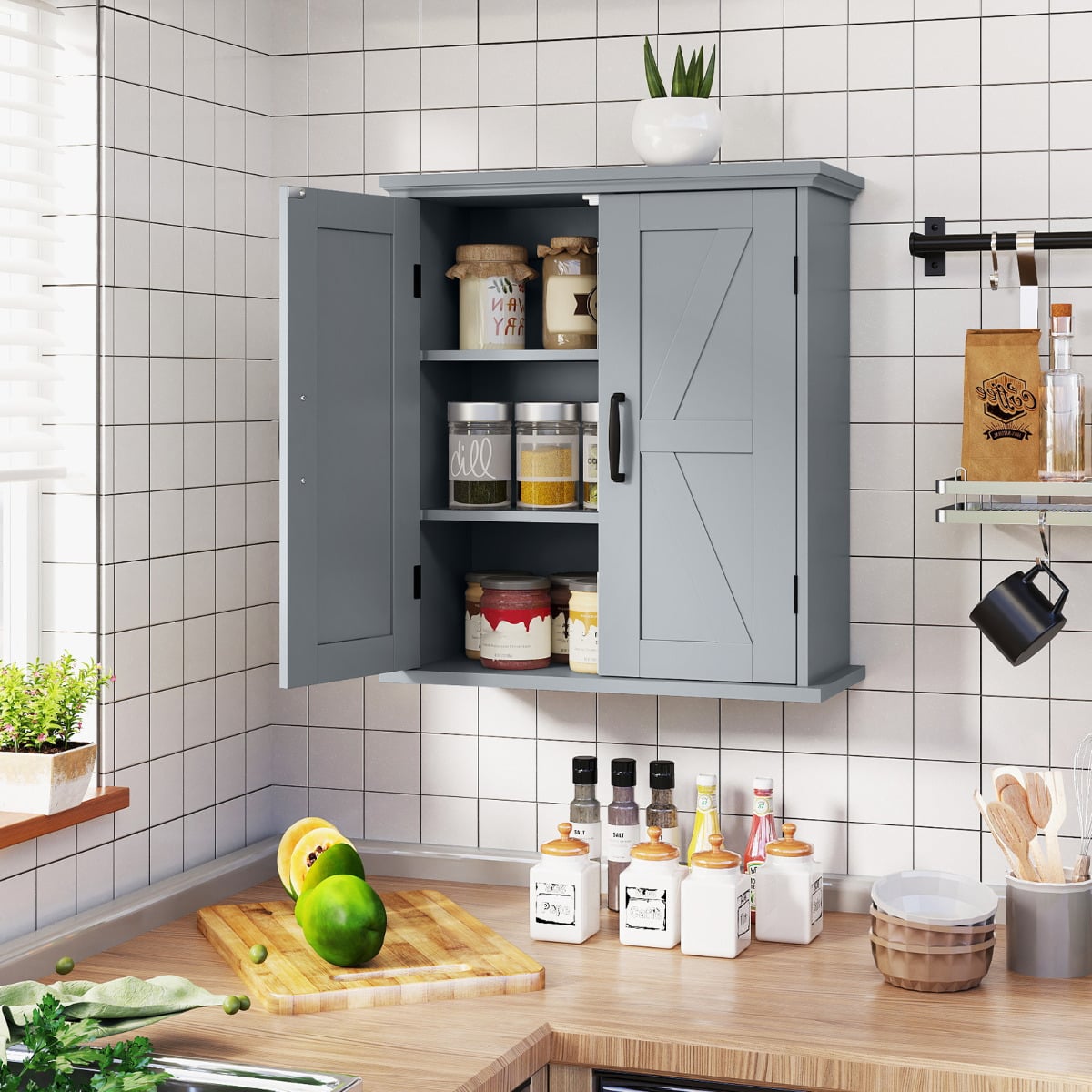 Bathroom Wall Cabinet with 2 Doors and Adjustable Shelves-Grey