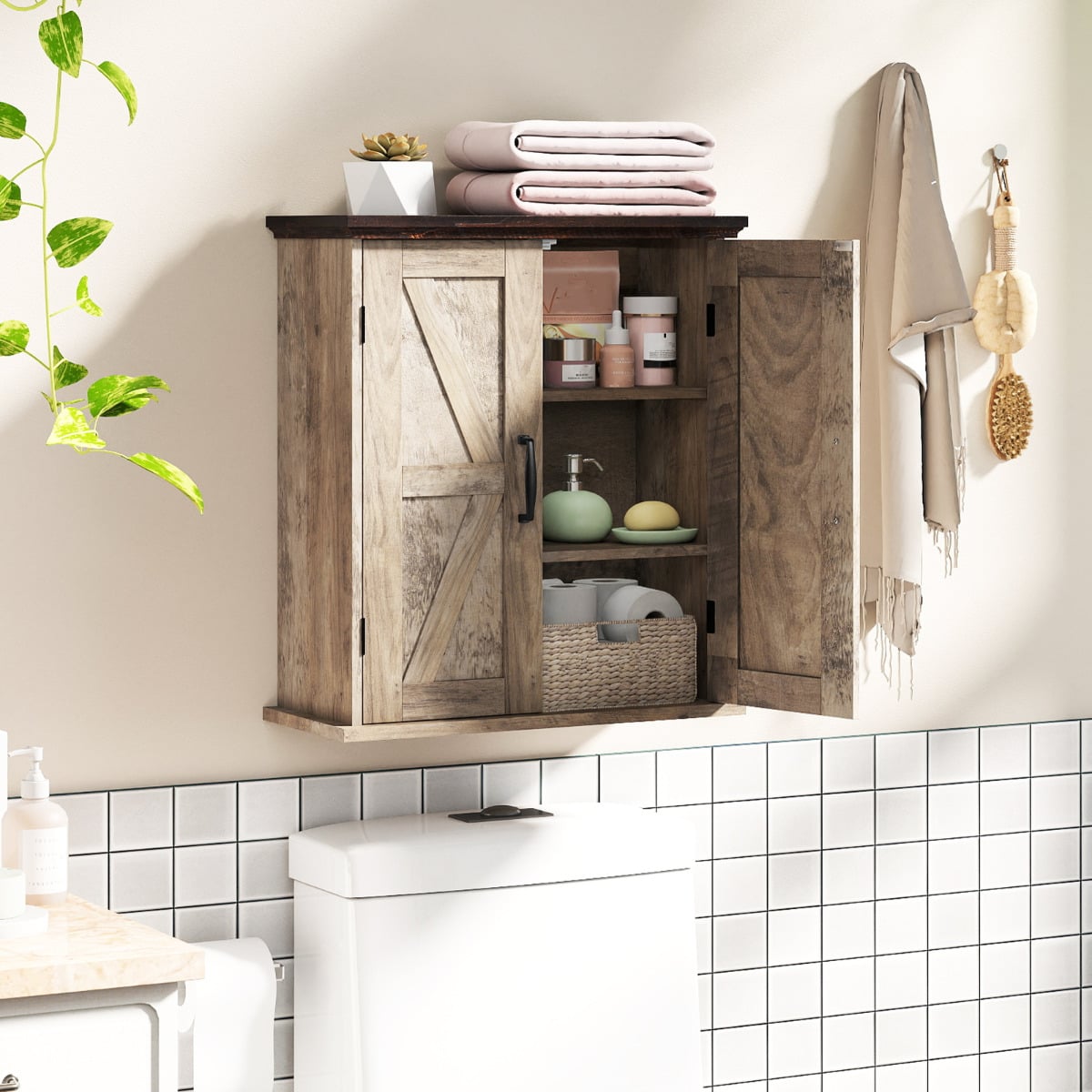 Bathroom Wall Cabinet with 2 Doors and Adjustable Shelves-Rustic Brown