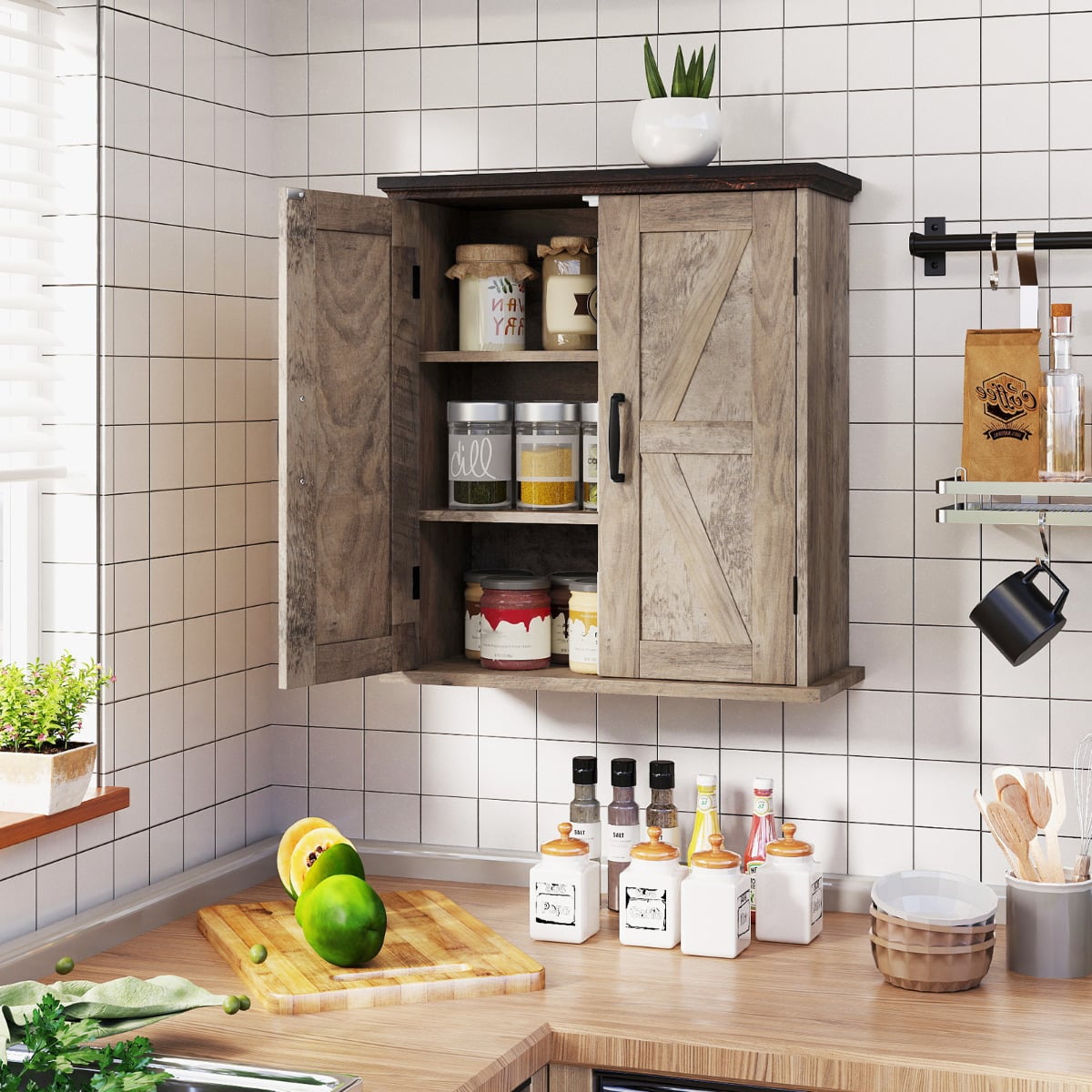Bathroom Wall Cabinet with 2 Doors and Adjustable Shelves-Rustic Brown