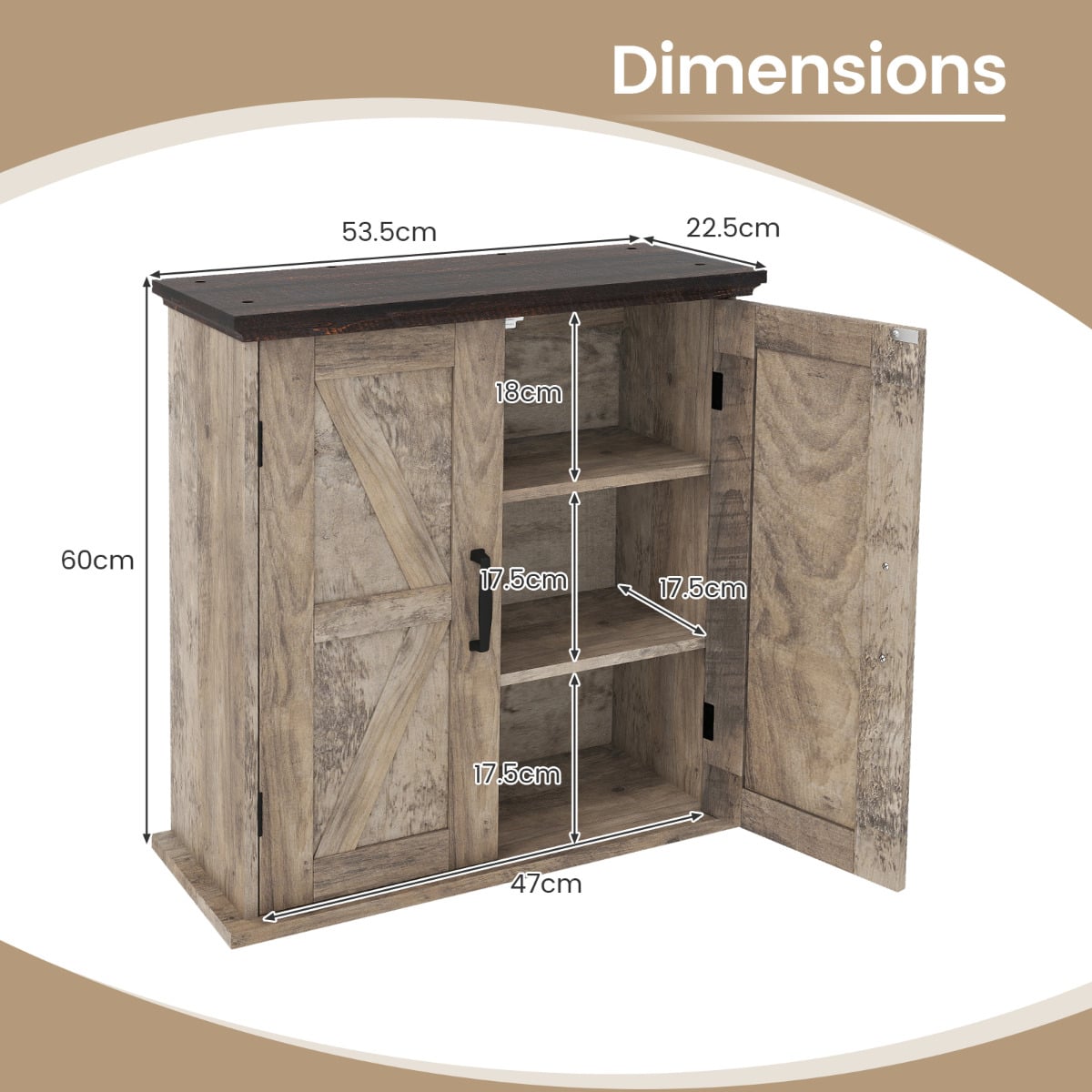 Bathroom Wall Cabinet with 2 Doors and Adjustable Shelves-Rustic Brown