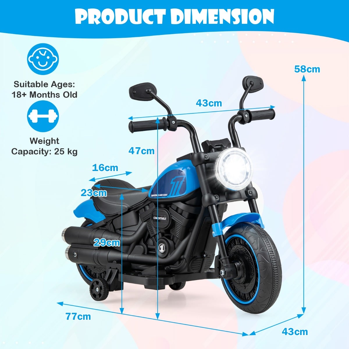 6V Kids Ride On Motorcycle with Training Wheels and Headlight for Toddlers-Navy