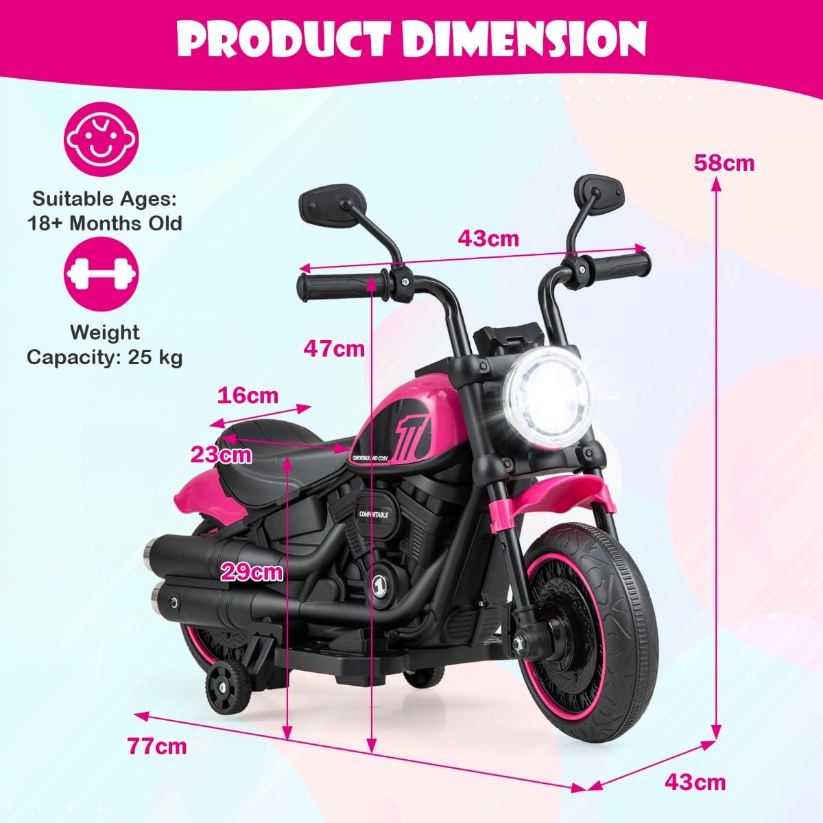 6V Kids Ride On Motorcycle with Training Wheels and Headlight for Toddlers-Pink