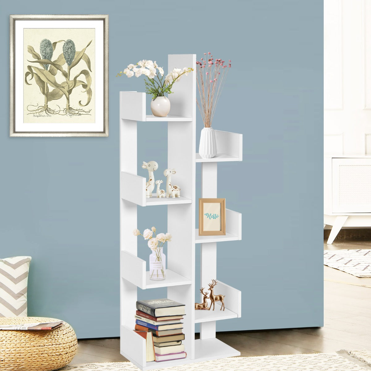 Tree-shaped bookcase with 8 compartments, standing shelf, storage shelf, 50 x 25 x 145 cm, white