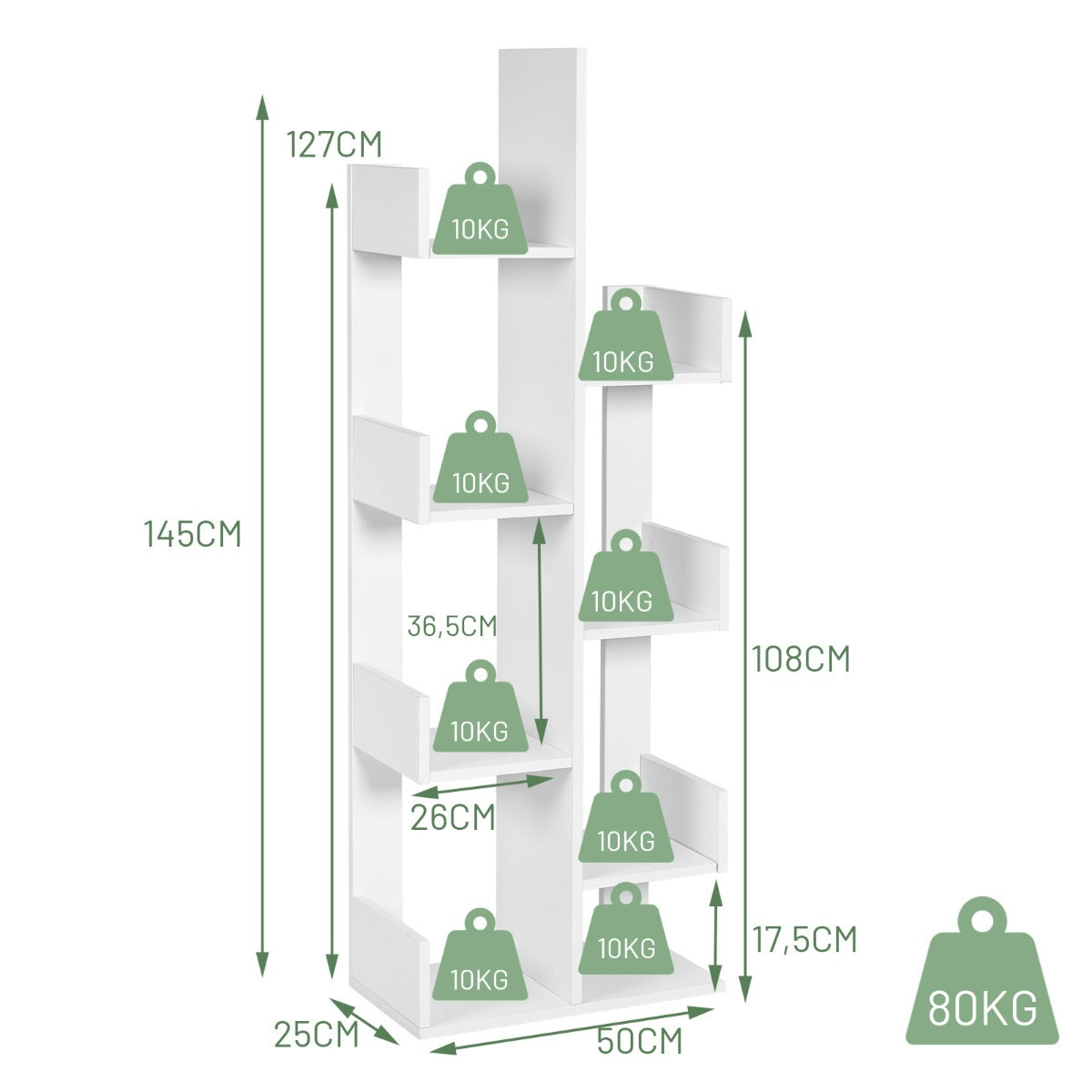 Tree-shaped bookcase with 8 compartments, standing shelf, storage shelf, 50 x 25 x 145 cm, white
